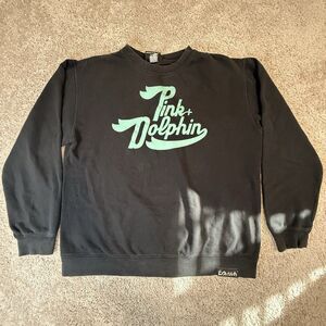 Pink Dolphin Script Logo Black Teal Screenprint Mens Crewneck Sweater Size Large